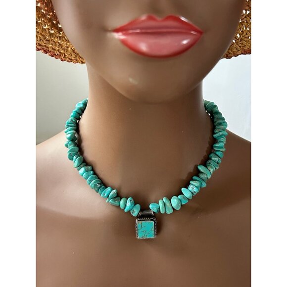 925 Silver Square Turquoise Beaded Necklace - Picture 6 of 7